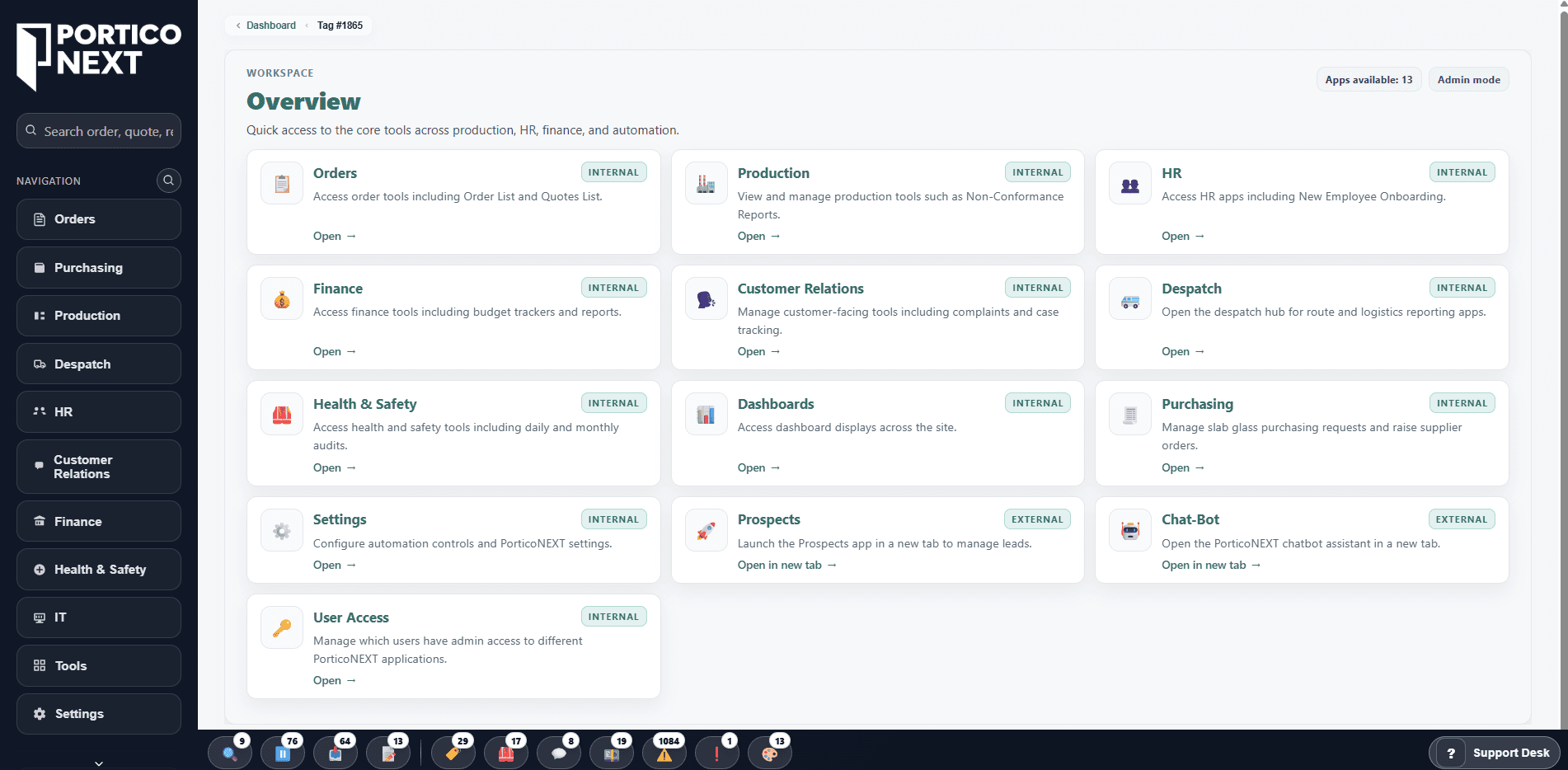 PorticoNext workspace overview showing operational apps across orders, production, HR, finance, and dispatch