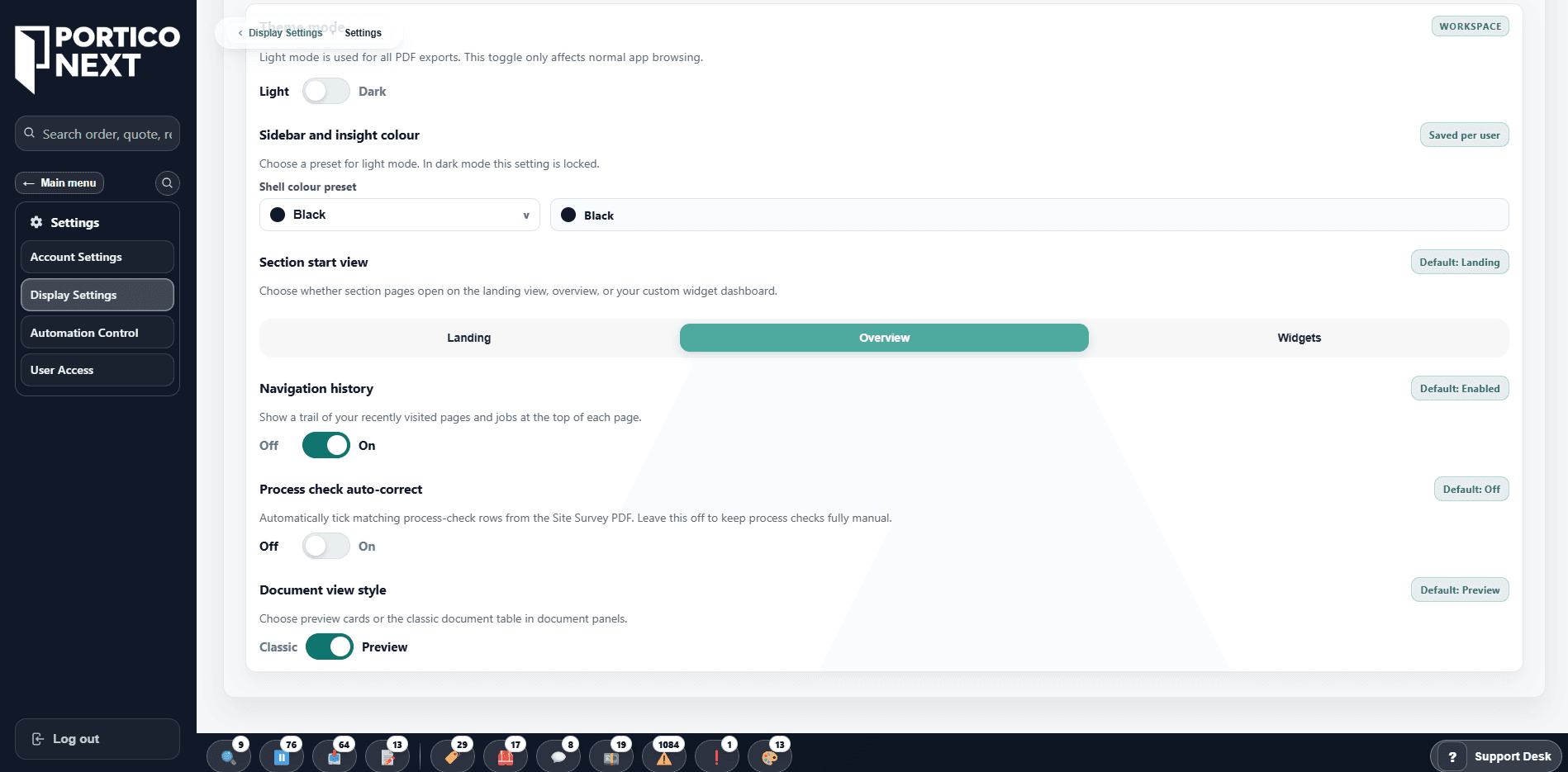 PorticoNext settings view for display preferences, automation controls, and workspace defaults
