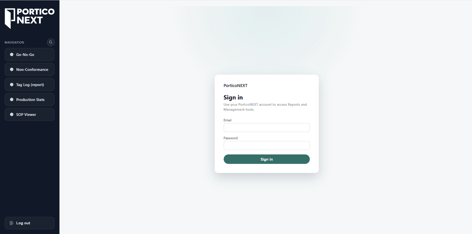 PorticoNext sign-in experience for reports and management tools